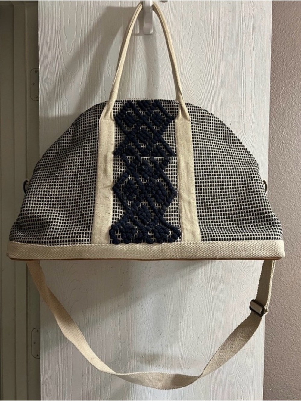 Canvas Weekender Travel Beach Tote Bag in Cream and Navy